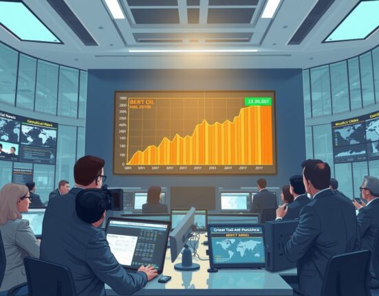 Analysts monitoring Brent crude oil price surge amid geopolitical supply shocks in energy markets.