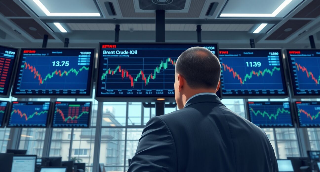 Professional trader analyzing Brent crude oil price consolidation on trading floor monitors