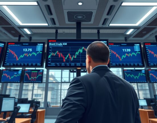 Professional trader analyzing Brent crude oil price consolidation on trading floor monitors