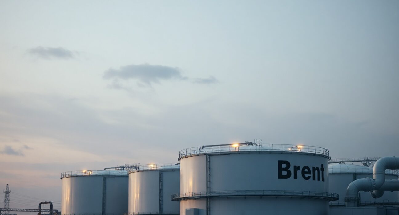 Brent crude oil storage facility at dusk representing easing inflation pressures