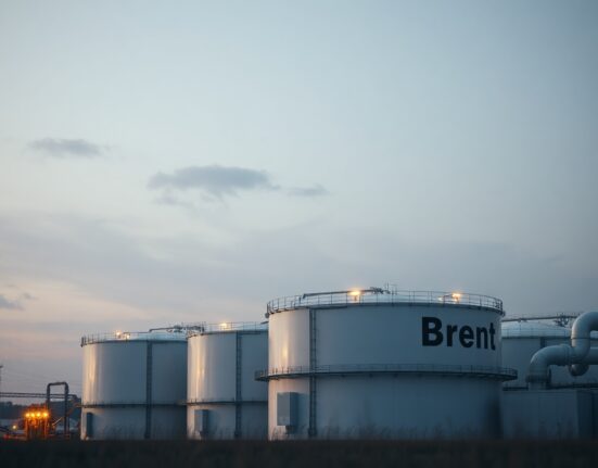 Brent crude oil storage facility at dusk representing easing inflation pressures