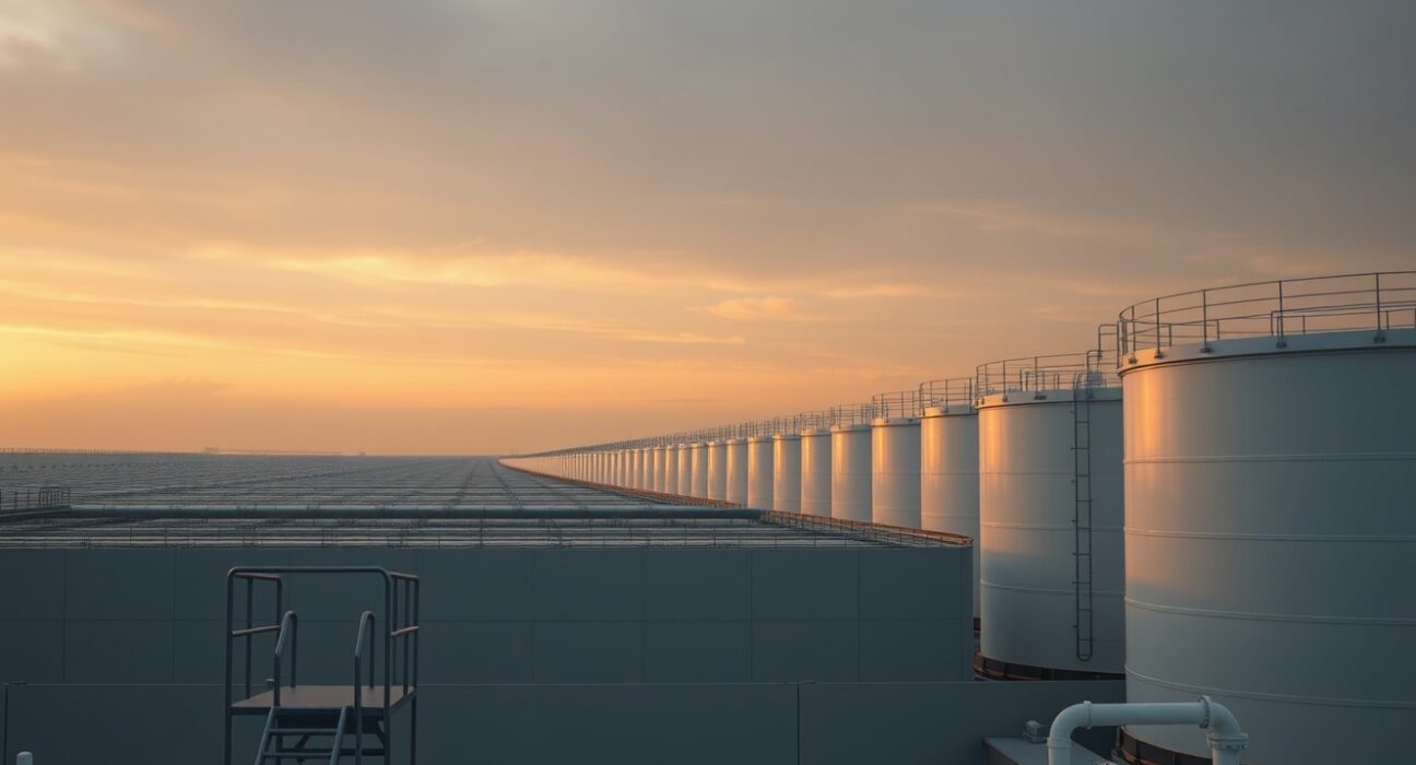 Oil storage tanks at sunset under overcast sky representing bearish crude market
