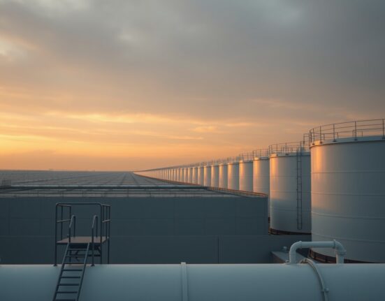 Oil storage tanks at sunset under overcast sky representing bearish crude market