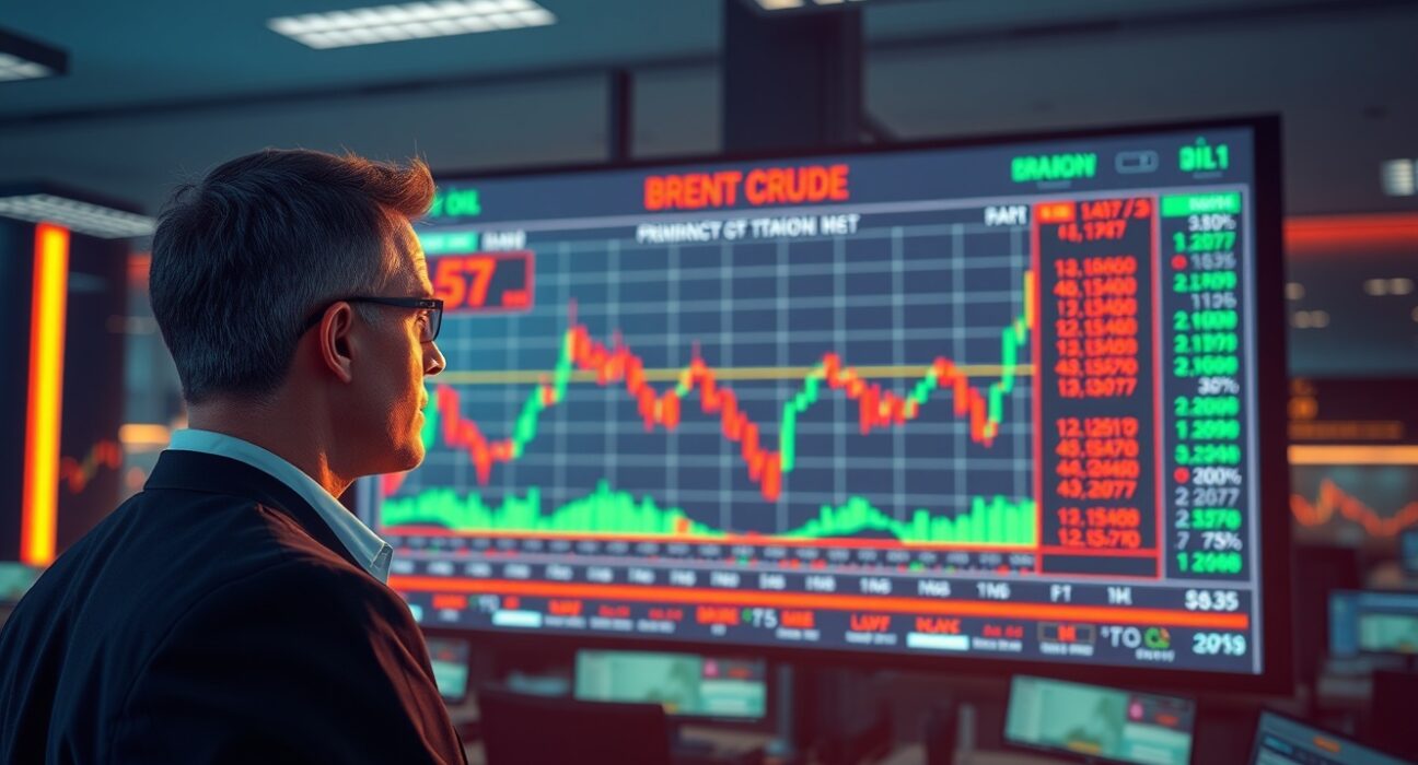 Trader analyzing Brent crude oil price chart amid market volatility and Iran talks news.