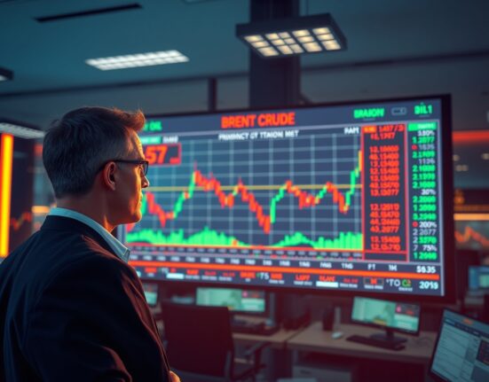 Trader analyzing Brent crude oil price chart amid market volatility and Iran talks news.
