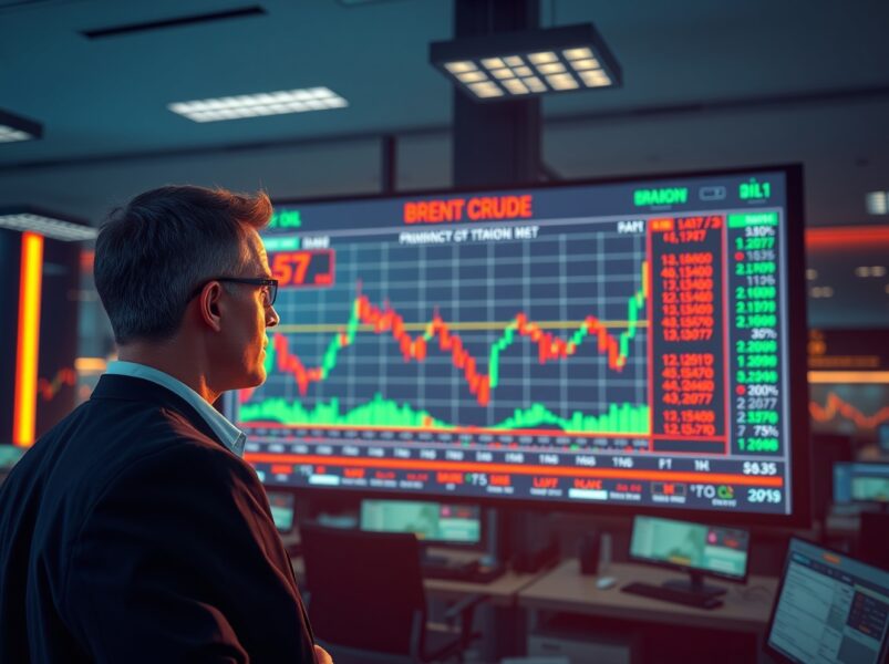 Trader analyzing Brent crude oil price chart amid market volatility and Iran talks news.