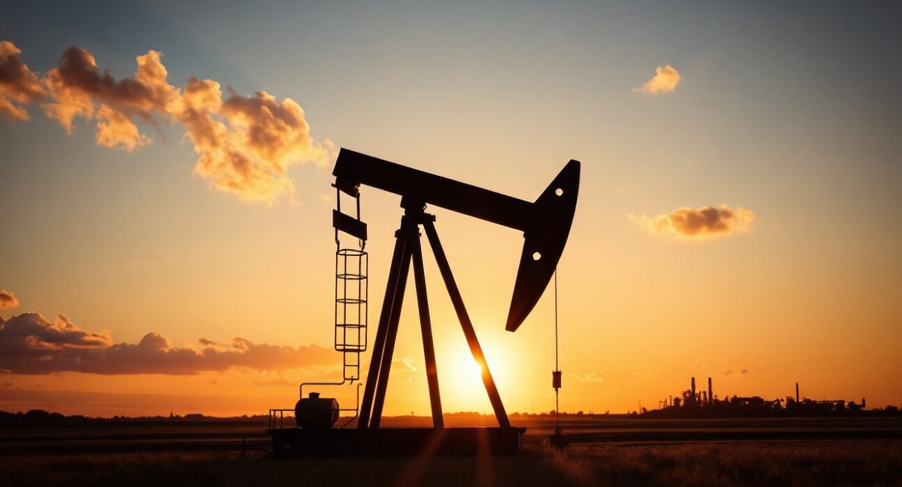 Oil pumpjack silhouette at dusk representing Brent crude market dynamics