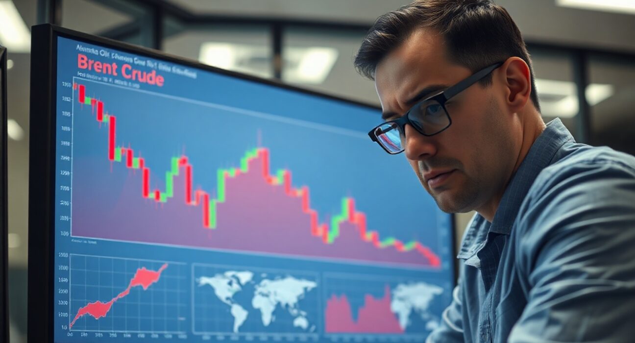 Financial analyst monitoring Brent crude oil price chart with geopolitical conflict indicators
