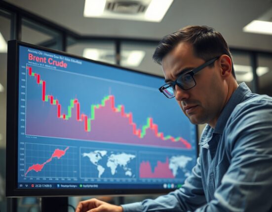 Financial analyst monitoring Brent crude oil price chart with geopolitical conflict indicators
