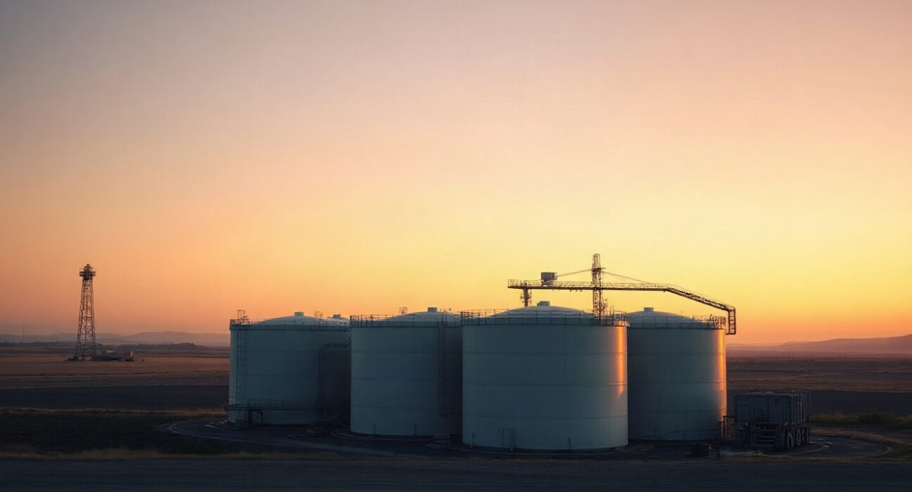 Oil storage tanks at dusk, representing crude oil supply and market conditions.