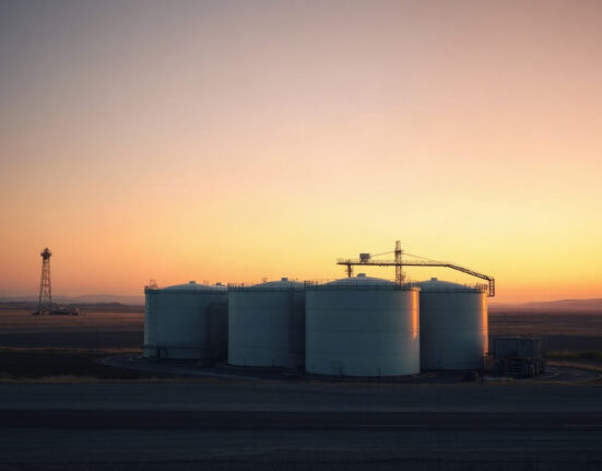 Oil storage tanks at dusk, representing crude oil supply and market conditions.