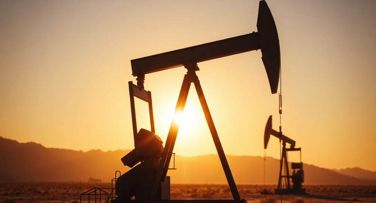 Oil pumpjack silhouette at sunset representing crude oil price movements