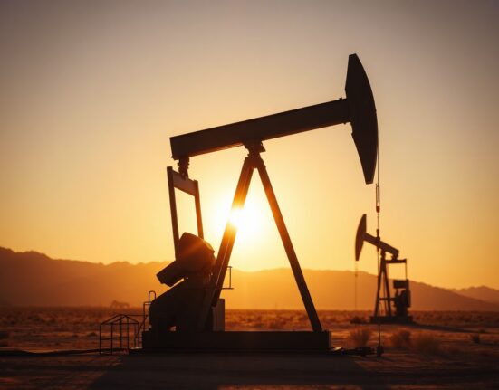 Oil pumpjack silhouette at sunset representing crude oil price movements