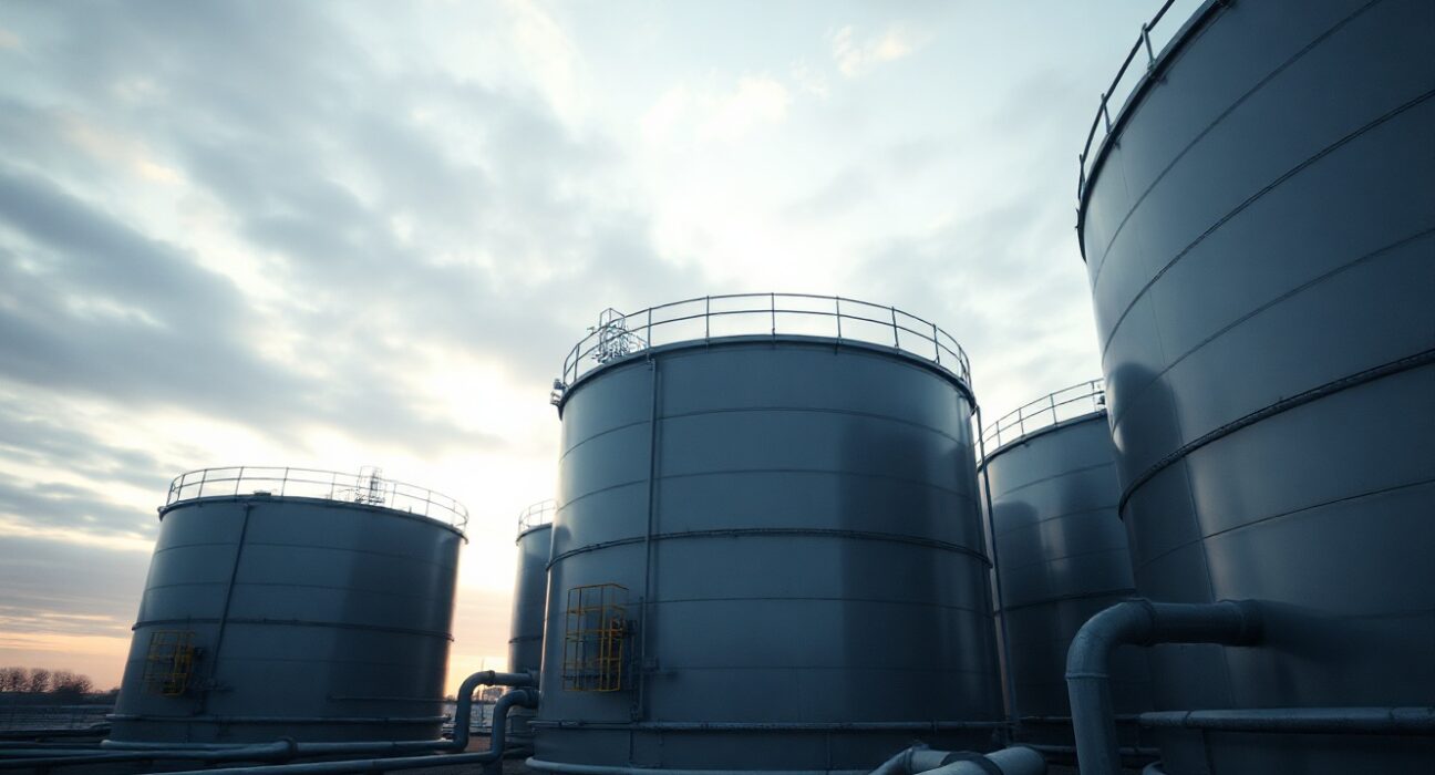 Brent crude oil storage facility at dawn with industrial tanks and overcast sky.