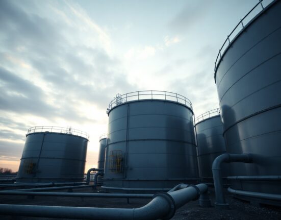 Brent crude oil storage facility at dawn with industrial tanks and overcast sky.