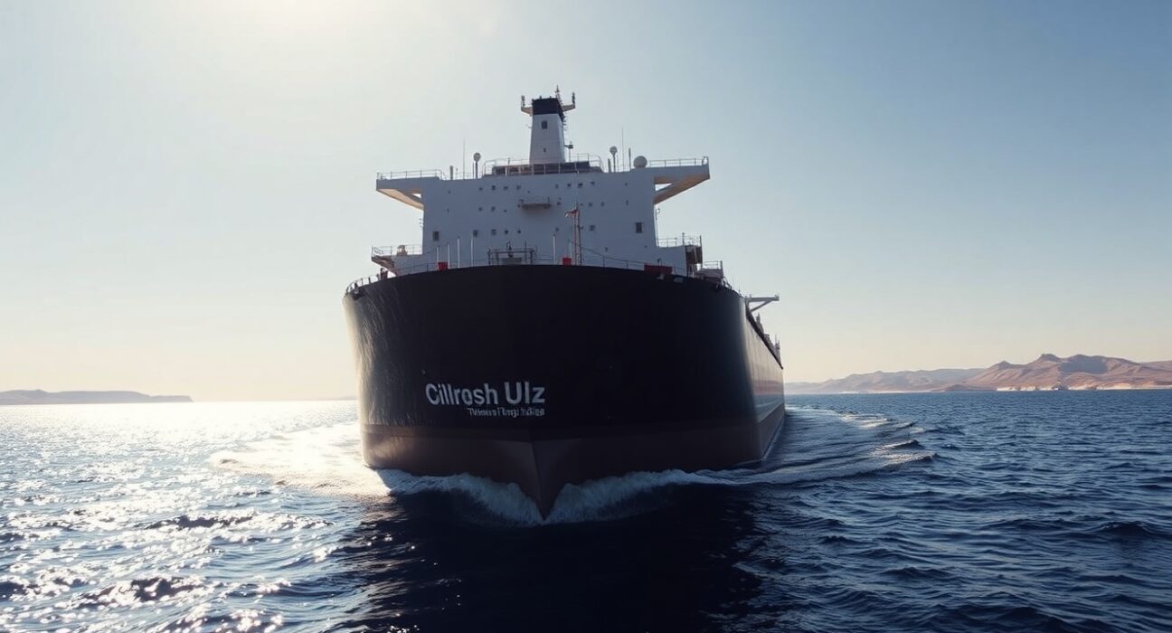 Oil tanker navigating the Strait of Hormuz under clear skies, representing energy supply risk.