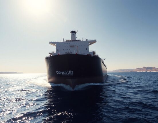 Oil tanker navigating the Strait of Hormuz under clear skies, representing energy supply risk.