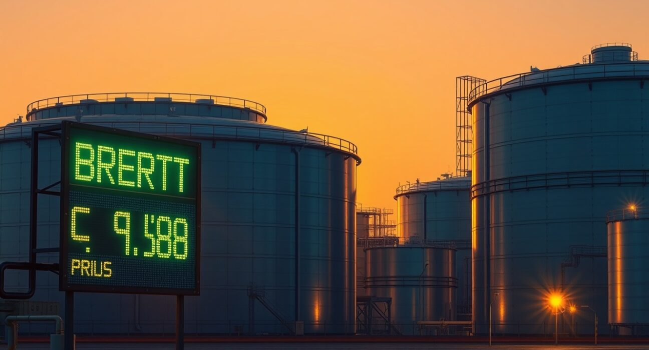 Brent crude forecast and oil price disruption risks analyzed by ING in a twilight industrial scene.