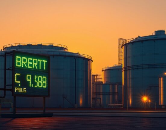 Brent crude forecast and oil price disruption risks analyzed by ING in a twilight industrial scene.