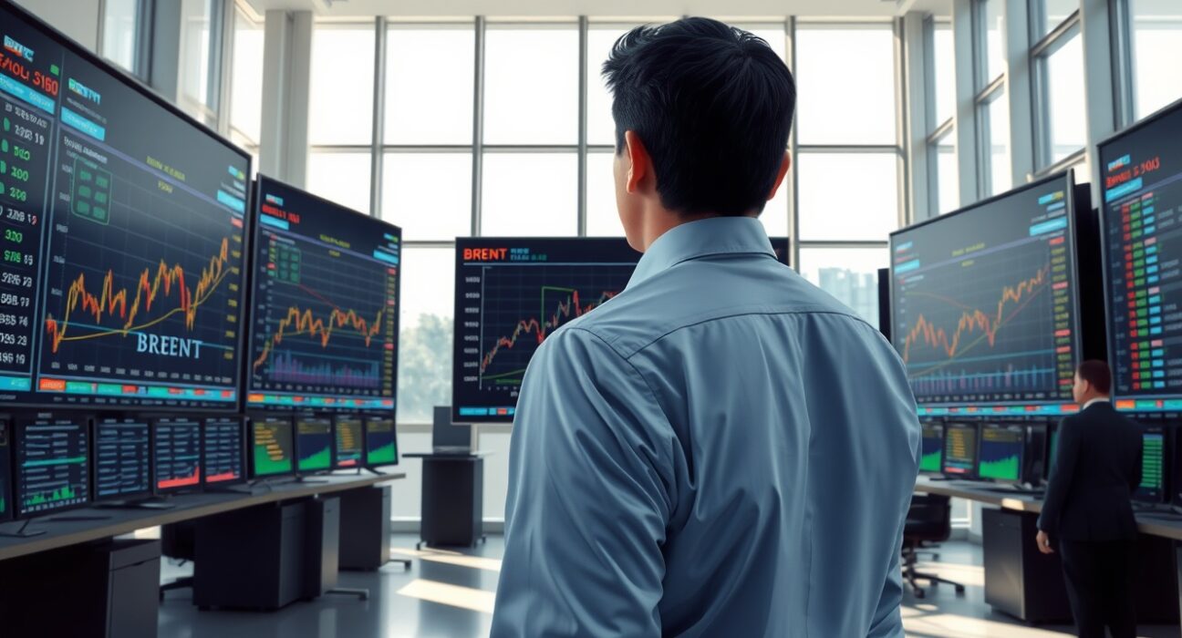 Analyst reviewing Brent crude oil price forecasts and market data on trading floor displays