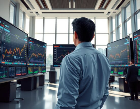 Analyst reviewing Brent crude oil price forecasts and market data on trading floor displays