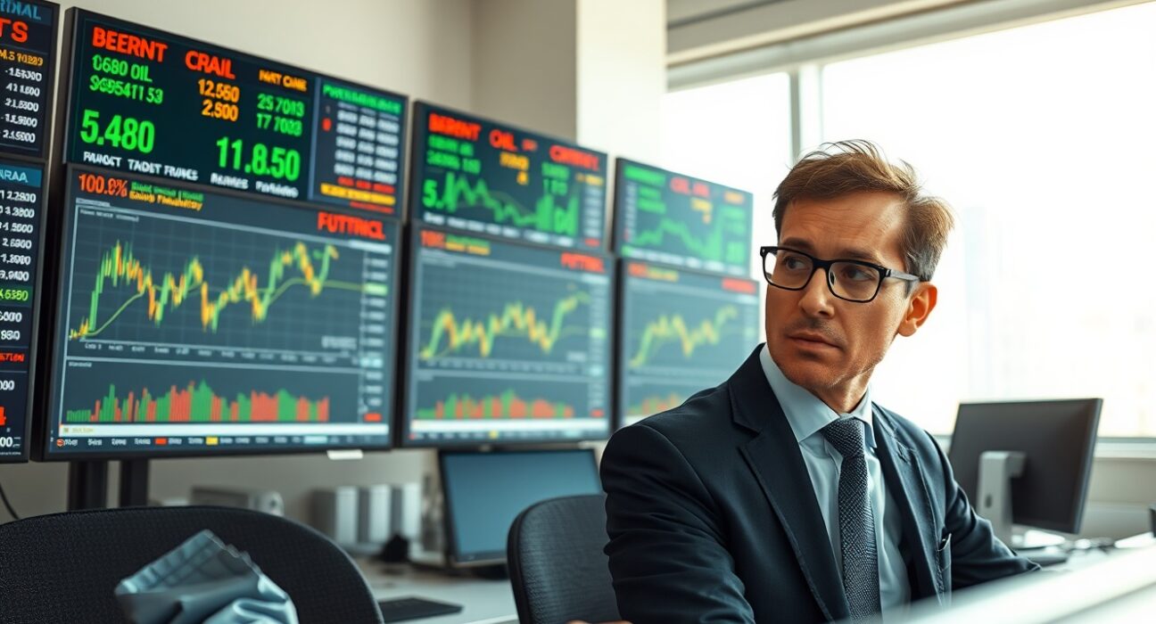 Financial analyst monitoring Brent crude oil price forecasts and market risk data from Societe Generale.