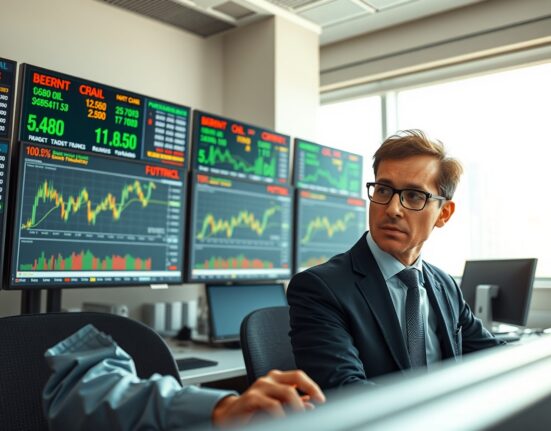 Financial analyst monitoring Brent crude oil price forecasts and market risk data from Societe Generale.