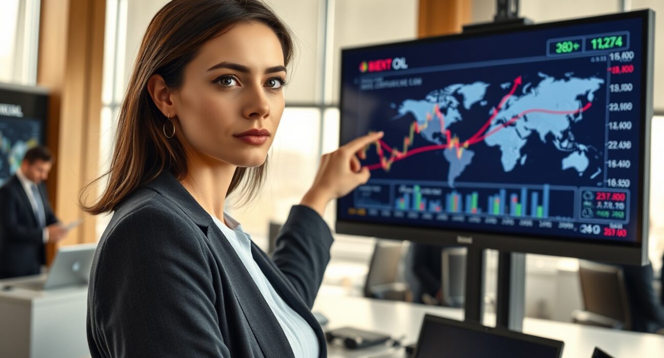 Financial analyst examines Brent crude oil futures curve data signaling a temporary price spike on trading floor.