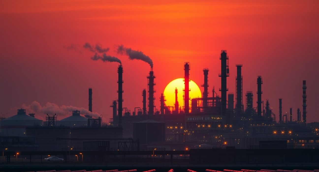 Oil refinery at dusk with storage tanks and towers, representing Brent crude supply and geopolitical risk.