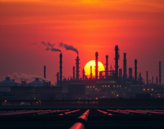 Oil refinery at dusk with storage tanks and towers, representing Brent crude supply and geopolitical risk.