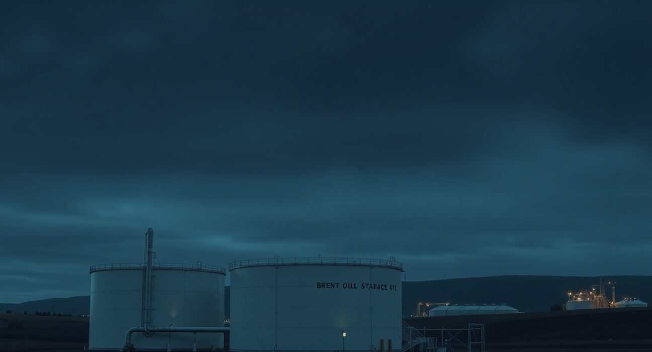 Brent crude oil storage facility at dusk under overcast sky