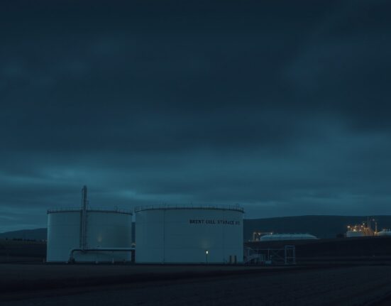 Brent crude oil storage facility at dusk under overcast sky