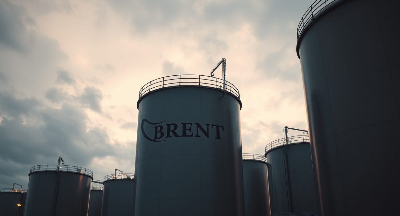Brent crude oil storage tanks at an industrial facility at dusk, representing geopolitical supply concerns.