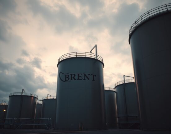Brent crude oil storage tanks at an industrial facility at dusk, representing geopolitical supply concerns.