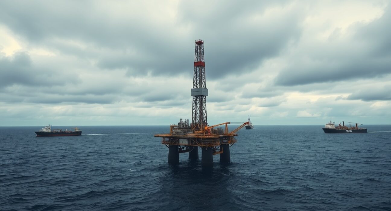 Brent crude oil drilling platform at sea under cloudy sky