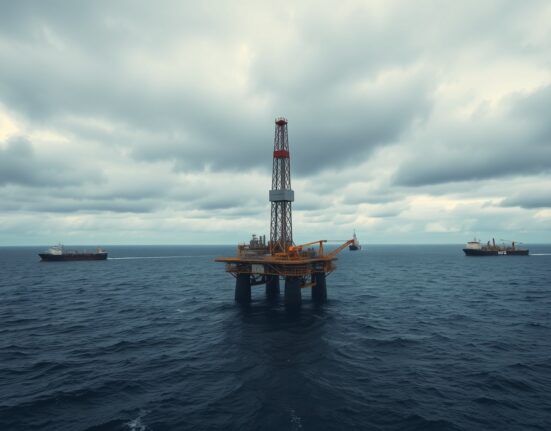 Brent crude oil drilling platform at sea under cloudy sky