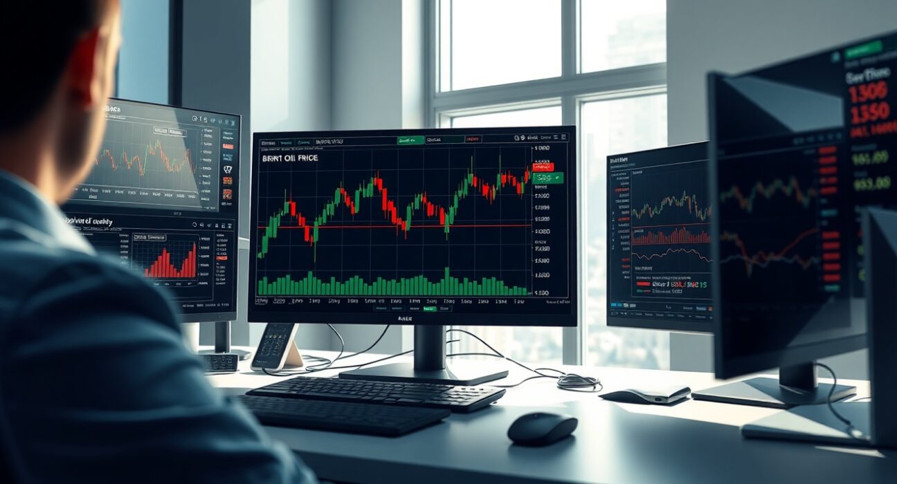 Brent crude oil price analysis on trading desk monitors showing volatility amid global economic concerns