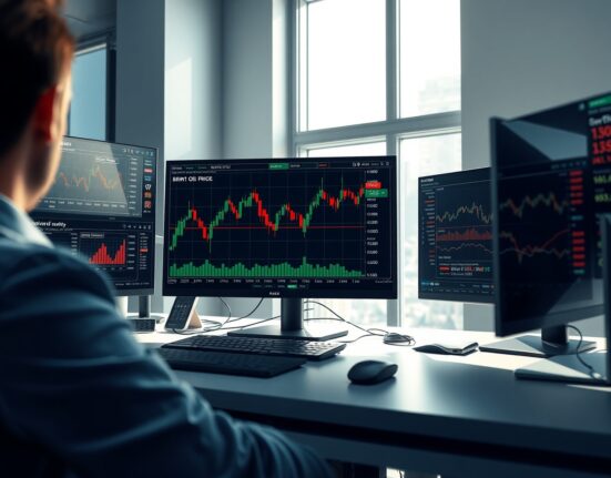 Brent crude oil price analysis on trading desk monitors showing volatility amid global economic concerns