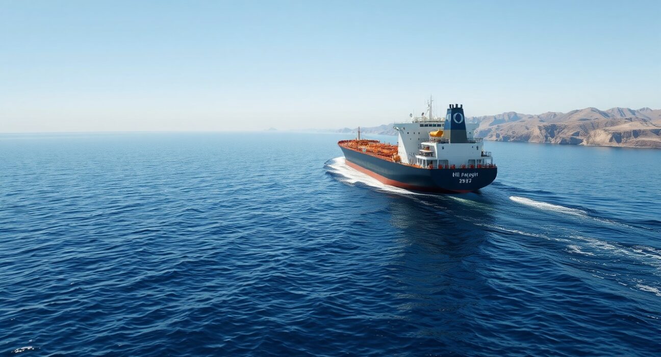 Oil tanker sailing through the Strait of Hormuz under a clear sky