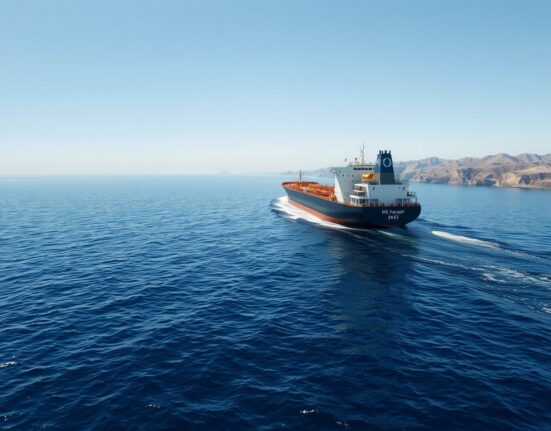 Oil tanker sailing through the Strait of Hormuz under a clear sky