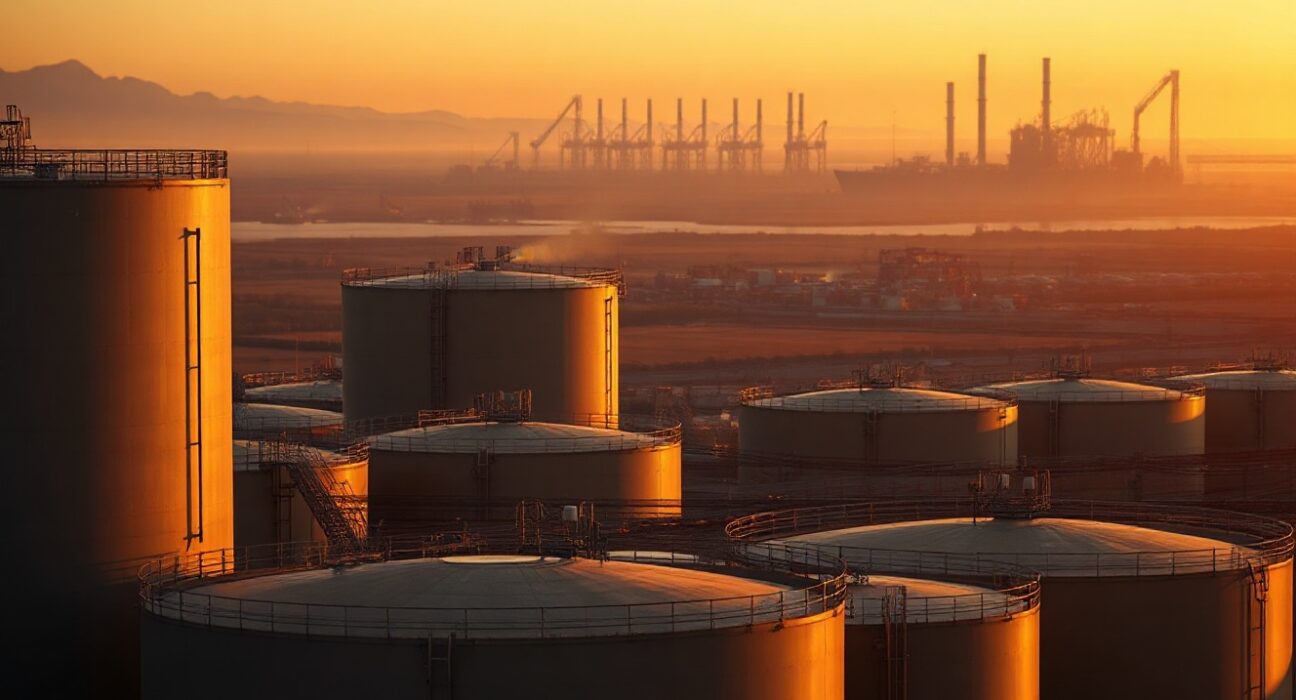 Brent crude oil storage tanks at sunset, symbolizing volatile oil markets amid geopolitical tensions with Iran.