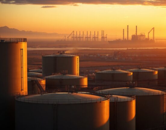 Brent crude oil storage tanks at sunset, symbolizing volatile oil markets amid geopolitical tensions with Iran.