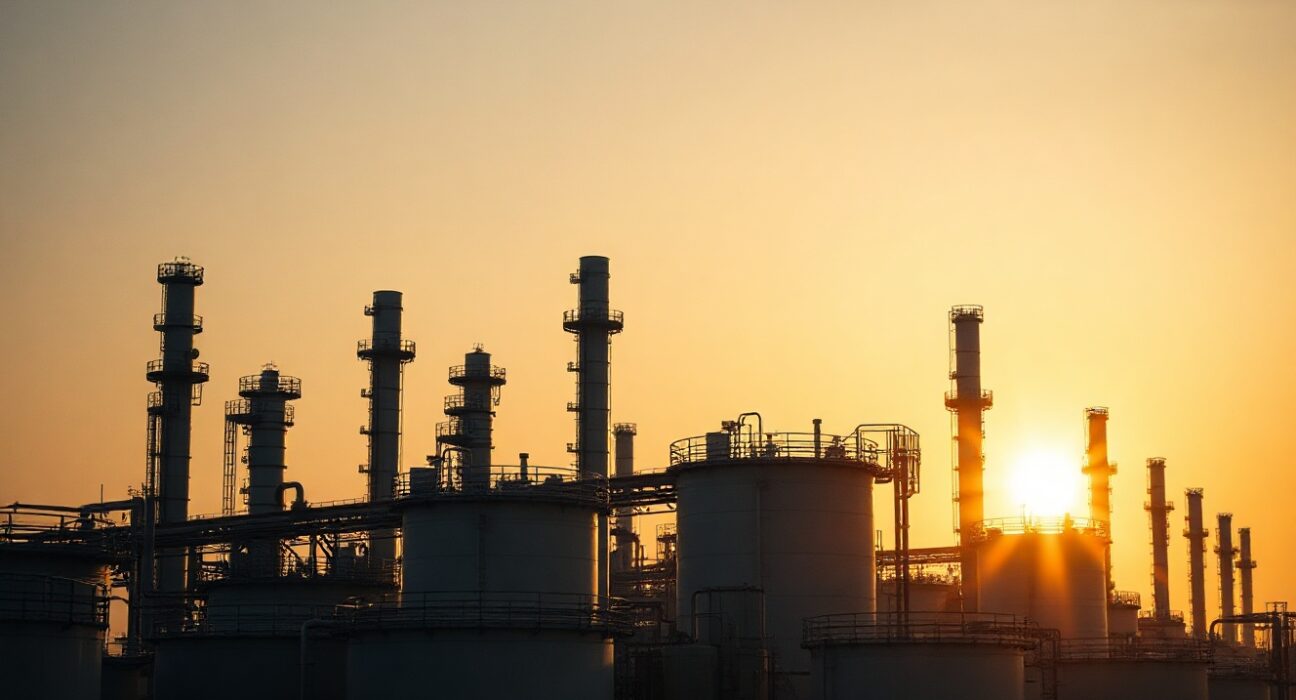 Oil refinery at sunset representing Brent crude market reaction to Iran headlines