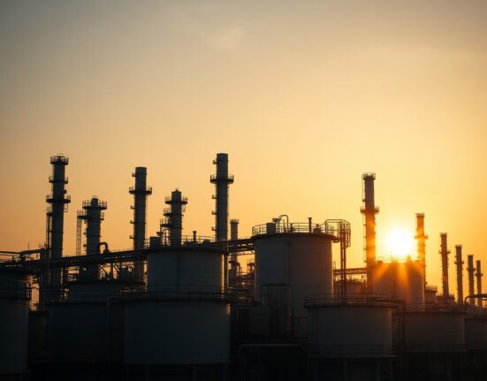 Oil refinery at sunset representing Brent crude market reaction to Iran headlines