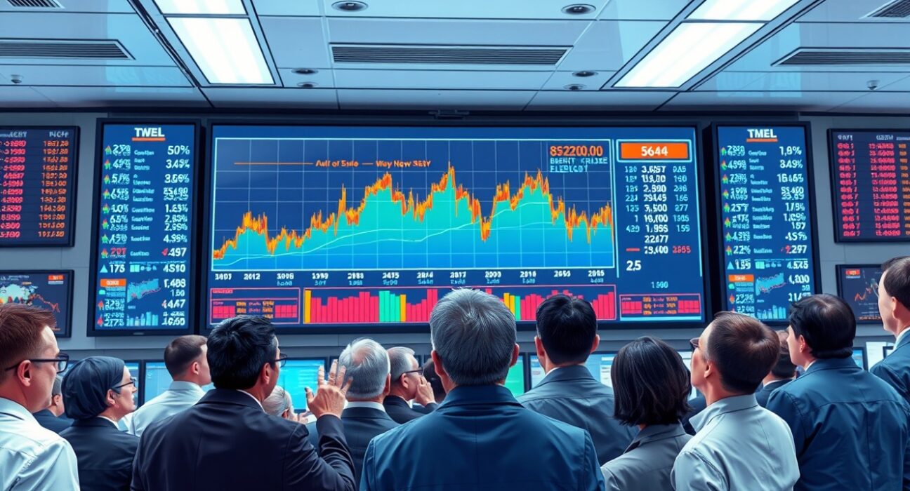 Brent crude oil price volatility analysis on trading floor display with energy market professionals.