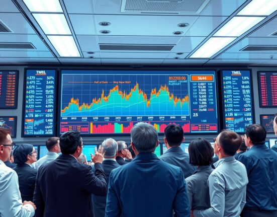 Brent crude oil price volatility analysis on trading floor display with energy market professionals.