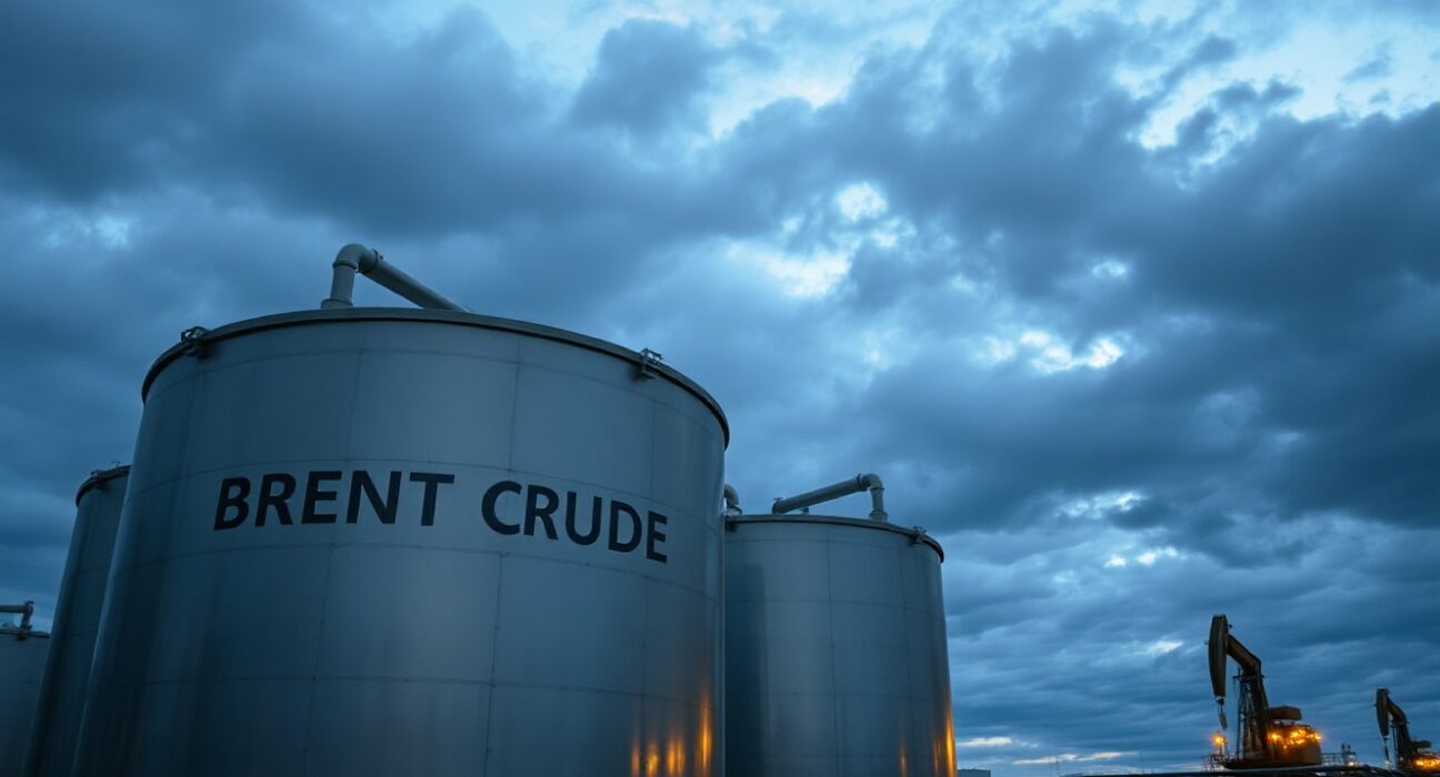 Brent crude oil storage facility at dusk with large storage tanks
