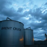 Brent crude oil storage facility at dusk with large storage tanks