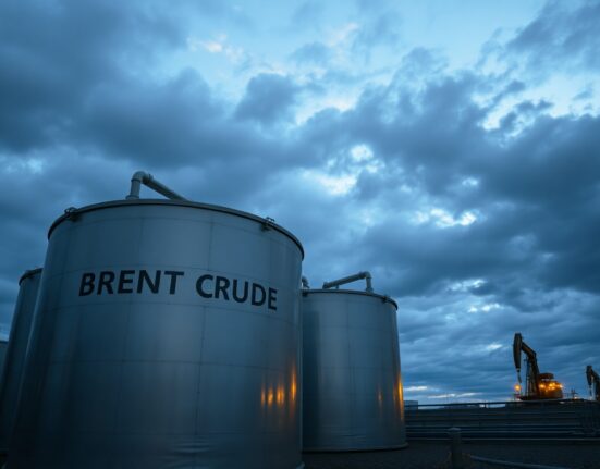 Brent crude oil storage facility at dusk with large storage tanks