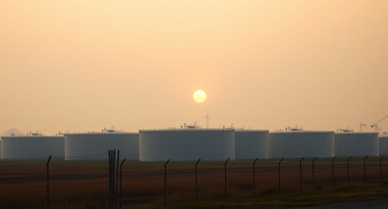 Brent crude oil storage tanks at sunset, representing muted market reaction to geopolitical events
